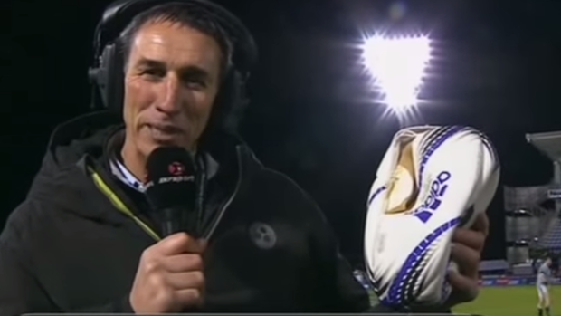 Deflategate: Rugby commentator Ian Jones holds the popped rugby ball that Southland flanker Tim Boys scored with