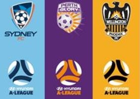 Sydney FC, Perth Glory and Wellington Phoenix logos.