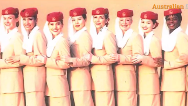 Sally Faulkner, third from right, in her days as an Emirates flight attendant.