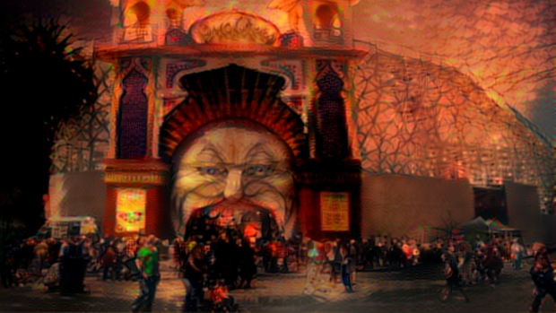 The entrance to Luna Park in St Kilda, Melbourne, as transformed by MIT's Nightmare Machine.