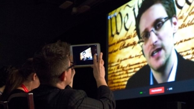 NSA whistleblower Edward Snowden speaking live via telelink at the 2014 SXSW Interactive Festival.