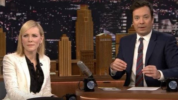 Cate Blanchett appearing on <em>The Tonight Show with Jimmy Fallon</em>.