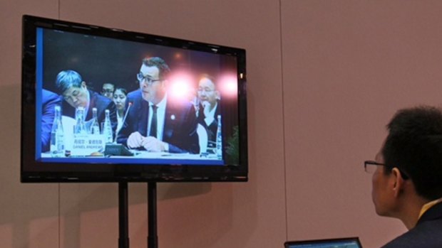 Victorian Premier Daniel Andrews gives a speech at one of the sessions of the Belt and Road Forum on Sunday.