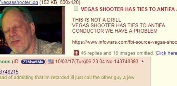 This anonymous 4Chan poster, citing Alex Jones Infowar, claims without basis, that the Las Vegas shooter was involved in a Far Left organisation.