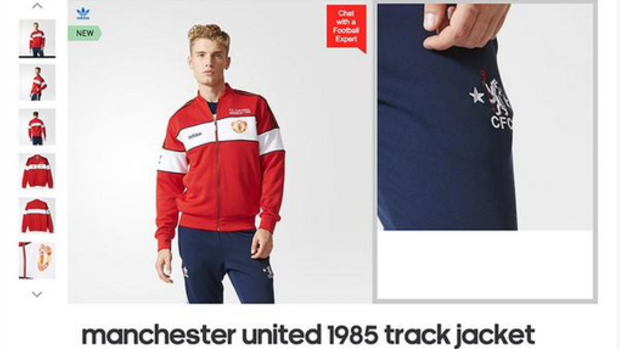 Oops: An advertisement shows a model mixing a Manchester United jacket with Chelsea pants.