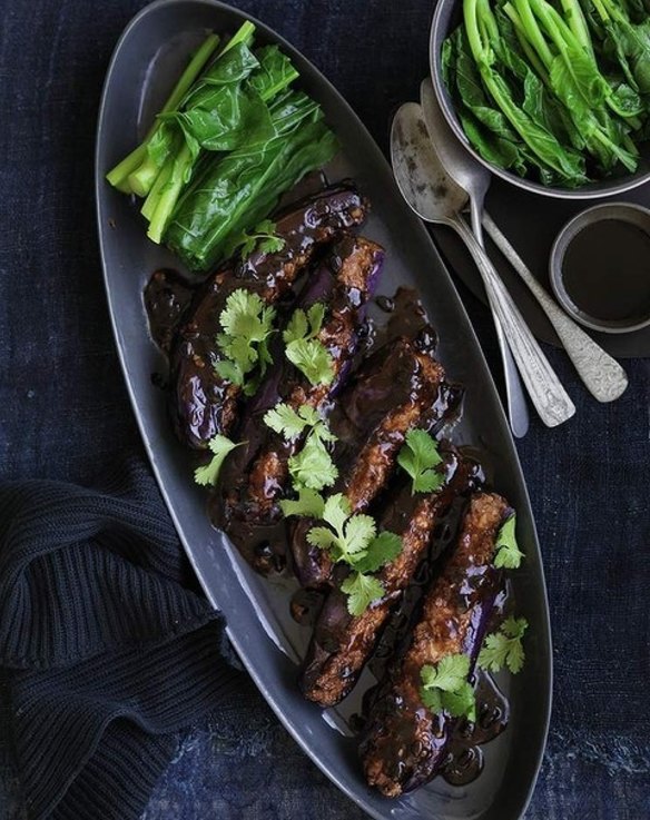 Stuffed eggplant with black bean sauce <a href="http://www.goodfood.com.au/good-food/cook/recipe/stuffed-eggplant-with-black-bean-sauce-20130917-2tvyx.html?rand=1391055547990"><b>(recipe here)</b></a>.