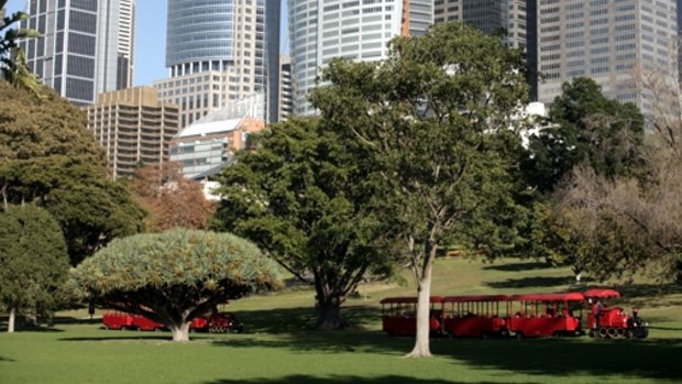 Red tourist trains run through the Royal Botanic Garden in Sydney.