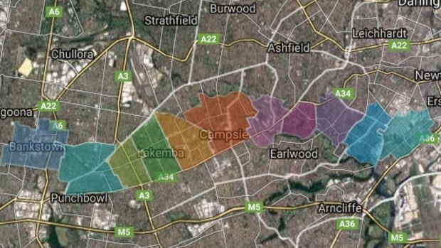 A map of the area affected along the Sydenham to Bankstown line. 