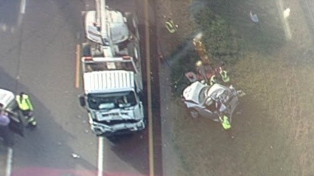 The scene from above of the multi-vehicle smash on the Monash Freeway on Wednesday morning.