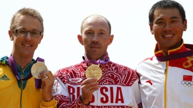 Silver lining: Australian walker Jared Tallent (left) might eventually be awarded the 2012 London Olympics gold medal that went to Russian drug cheat Sergey Kirdyapkin (centre).