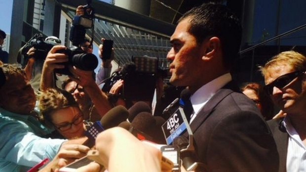 Karmichael Hunt fronts the media after emerging from court.