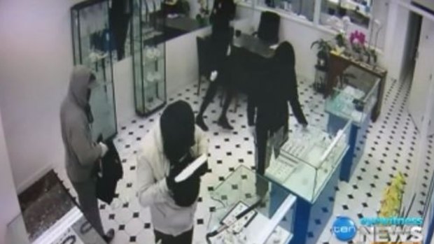 Footage of four men ransacking an East Malvern jewellers on Thursday.