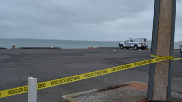 Police cordoned off the area around the Port Lincoln wharf after a car drove off the wharf on Monday.