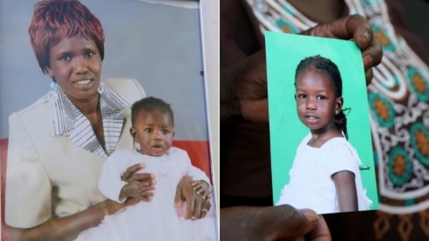 Akon Guode with her daughter Awel as a baby (left) and Awel, now aged five..