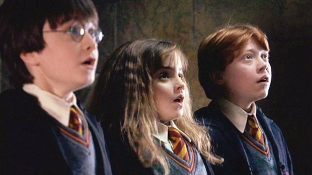 Harry, Hermione and Ron in the first Harry Potter film. The entire series was shot between 2001-2011. Rupert Grint was 13, Daniel Radcliffe was 11 and Emma Watson was 10.  