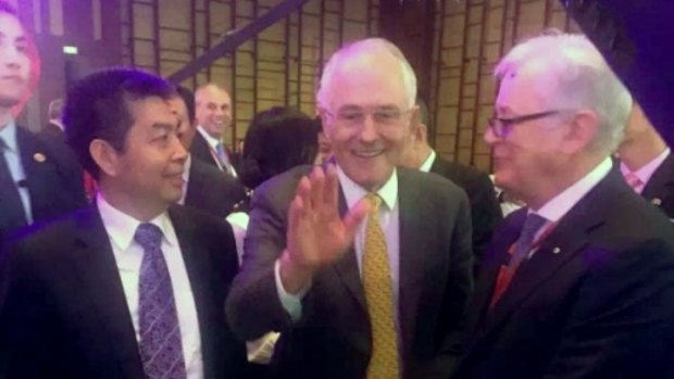 Landbridge head Ye Cheng, Prime Minister Malcolm Turnbull and then trade envoy Andrew Robb in Beijing in April 2016. Three months later, Mr Robb was on Landbridge's payroll.