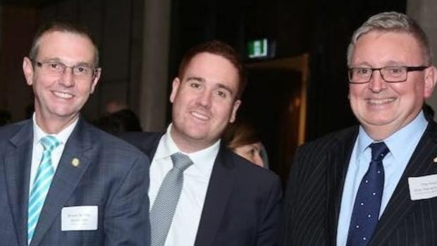 At 26, Mitchell Price (centre) is already well-established in the Liberal Party, where he works as a senior adviser to Coogee MP Bruce Notley-Smith (left). Also pictured is Liberal MP Don Harwin (right).