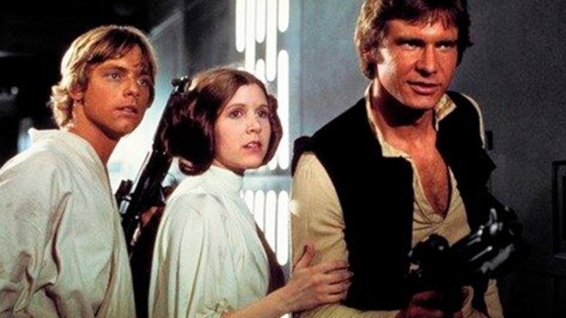 Mark Hamill, Carrie Fisher and Harrison Ford in the original 1977 Star Wars. 