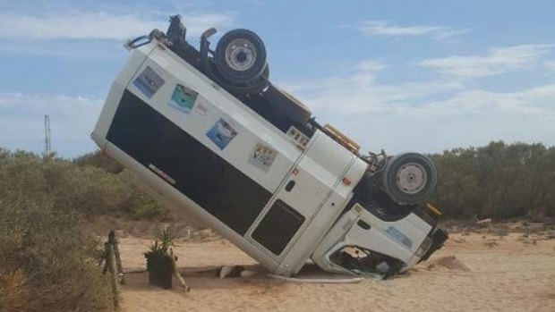 A tourist bus was flipped onto its roof during a forklift rampage on Thevanard Island.