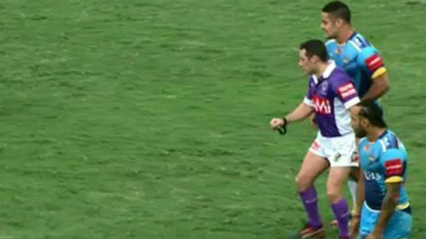 Titans recruit Jarryd Hayne and the referee collide.