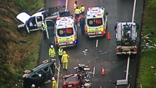Southbound traffic is blocked by a three-car crash on the Bruce Highway.