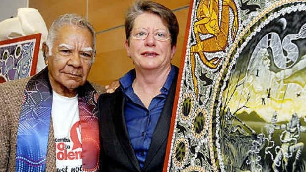 Murri Court Magistrate Kay Ryan and Aboriginal Elder Walter McCarthy unveil Damon Frank Calanca's work at the Murri Court opening in 2010.