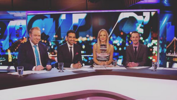 From left: <i>The Project's</i> Peter Helliar, Waleed Aly, Carrie Bickmore and guest host Andrew Guy.