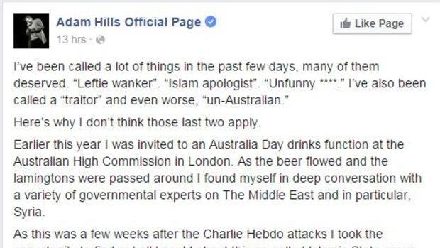 Adam Hills defends his program in the post which has been liked 70,000 times.