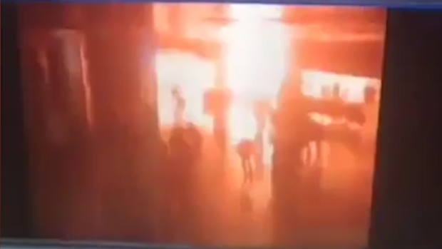 A screenshot of CCTV footage, reportedly capturing the moment of an explosion inside the airport. 