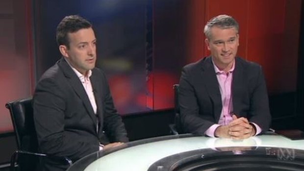 James Brown and Tom Switzer appearing together on ABC's Lateline in 2014.