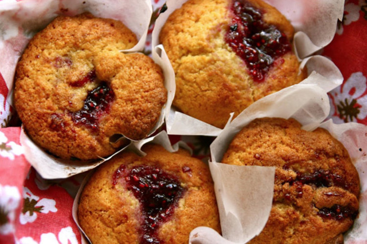 Raspberry Jam-drop Cornmeal Muffins