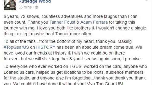 Top Gear USA host Rutledge Wood thanks fans for their outpouring of support on Facebook.