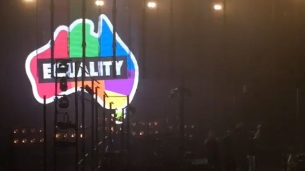 The band left the stage with Australian Marriage Equality's rainbow logo on display.