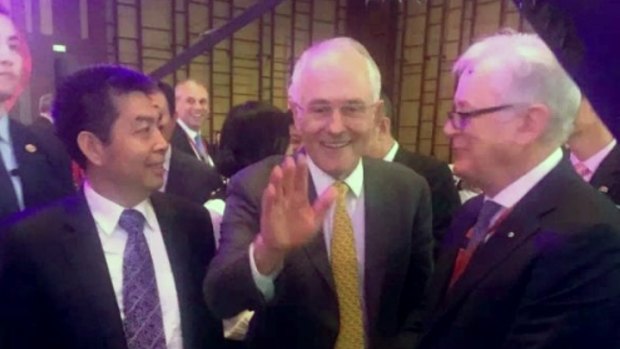 Landbridge head Ye Cheng, Prime Minister Malcolm Turnbull and then trade envoy Andrew Robb in Beijing in April 2016. Three months later, Mr Robb was on Landbridge's payroll.
