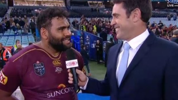 Sam Thaiday gives a post-match interview to Brad Fittler on Wednesday night.