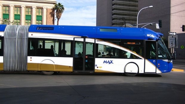 Super-buses like this one in Las Vegas could replace Perth's planned light rail system, according to reports. 