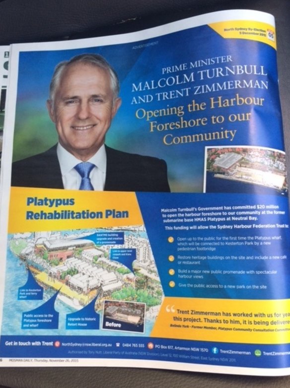 An advertisement in a local newspaper trumpets the Turnbull government's $20 million investment at the HMAS Platypus site.