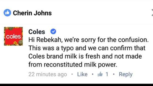 Missing a word: A Coles Facebook comment apologies for the "typo."