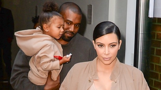 Singer Kanye West and North West and Kim Kardashian are seen in Soho on September 16, 2015 in New York City. 