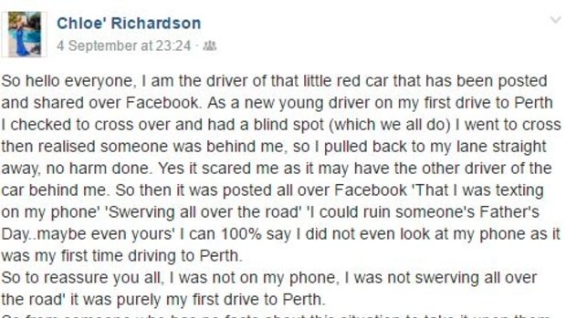 Chloe Richardson's rebuttal to social media posts accusing her of driving whilst also on the phone.