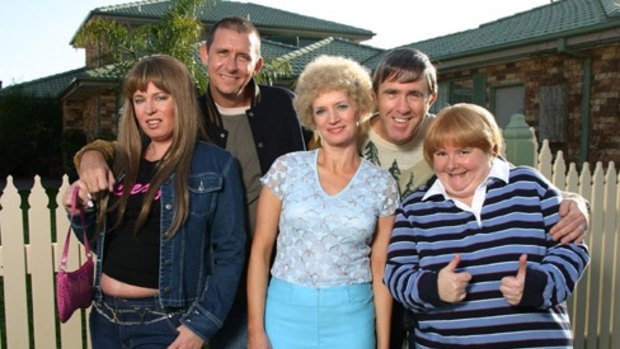 As Sharon Strzelecki with the cast of <i>Kath & Kim</i> (from left), Gina Riley, Peter Rowsthorn, Jane Turner and Glenn Robbins.