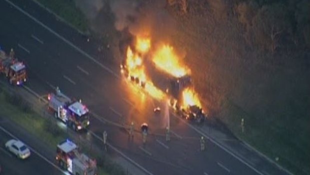 The truck in flames on the Monash Freeway on Friday morning.