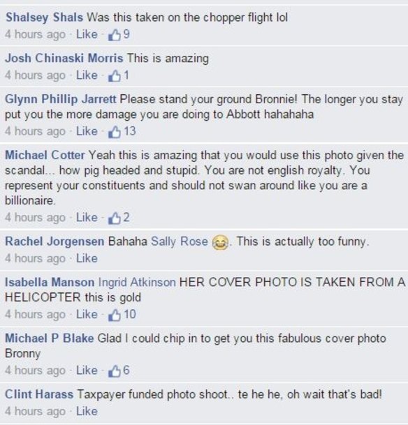 Some of the comments left on Mrs Bishop's cover photo.