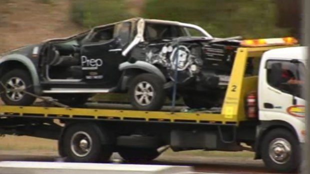 Mitchell Freeway crash: a  door had to be removed from this vehicle to allow the driver to get out.