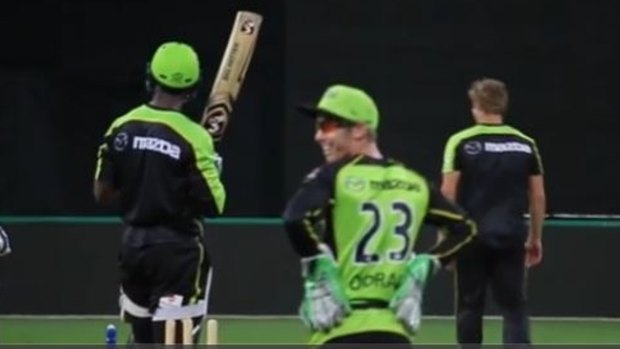 Hit for six: Shane Watson [far right]