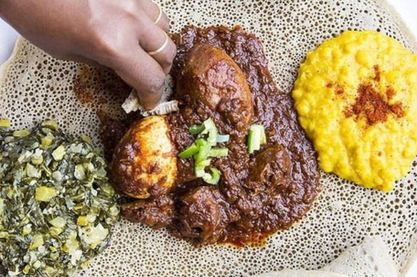 Teff, a flour made from a grass native to Ethiopia, is used to make injera bread.