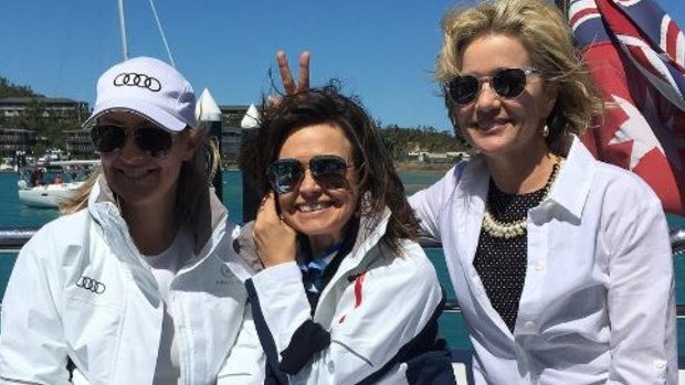 From left, Channel Seven's Mel Doyle, Nine's Lisa Wilkinson and Channel Ten's Sandra Sully at Audi Hamilton Island Race Week on Sunday.