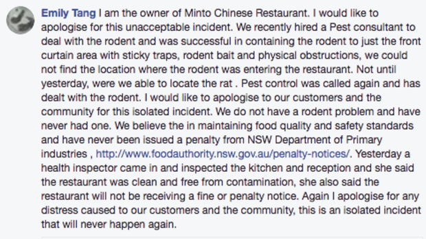 An apology statement from Emily Tang, the owner of Minto Chinese restaurant.