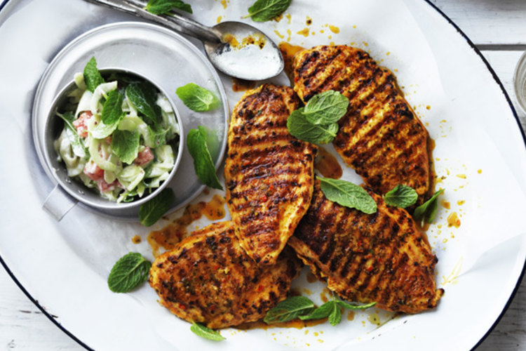 Grilled chicken breast with cucumber and yoghurt relish.