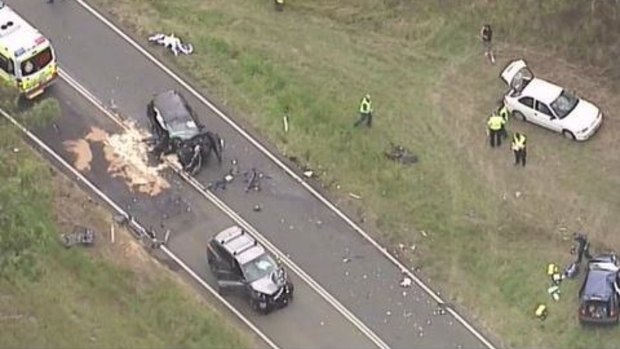 Five people were injured in this three-car crash at Washpool, between Ipswich and Boonah.